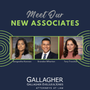 This is a picture of Sangeetha Kannan, Brandon Wharton and Tory Trocchia - new associates at Gallagher Evelius & Jones.